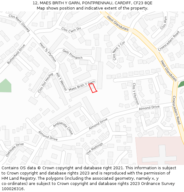 12, MAES BRITH Y GARN, PONTPRENNAU, CARDIFF, CF23 8QE: Location map and indicative extent of plot