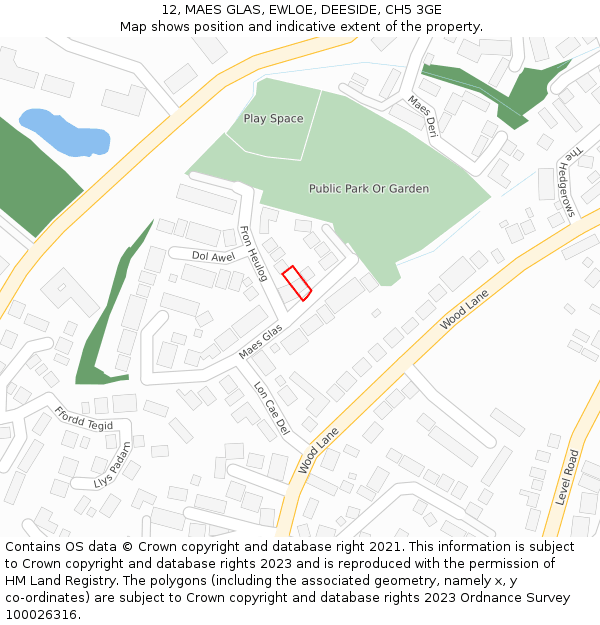 12, MAES GLAS, EWLOE, DEESIDE, CH5 3GE: Location map and indicative extent of plot
