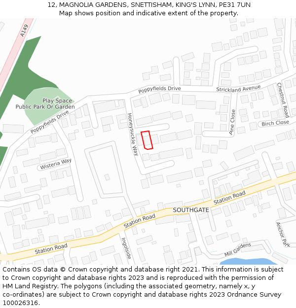 12, MAGNOLIA GARDENS, SNETTISHAM, KING'S LYNN, PE31 7UN: Location map and indicative extent of plot