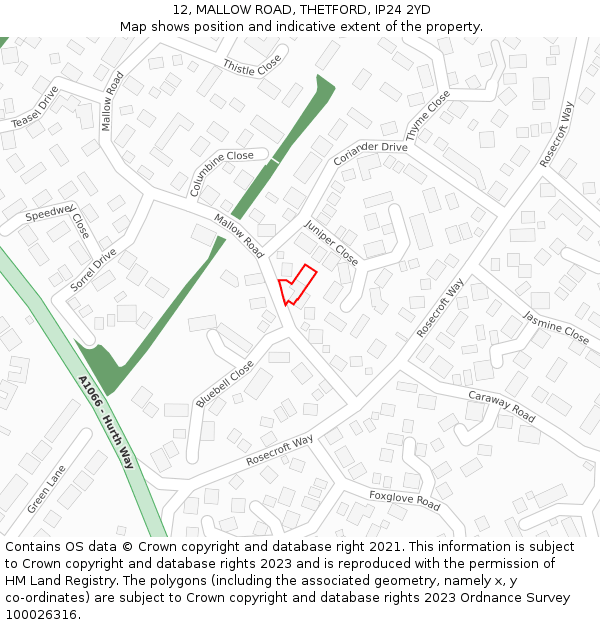 12, MALLOW ROAD, THETFORD, IP24 2YD: Location map and indicative extent of plot