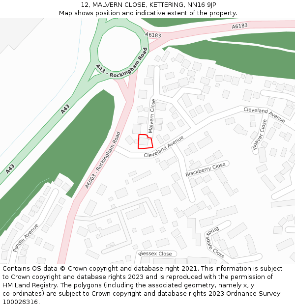 12, MALVERN CLOSE, KETTERING, NN16 9JP: Location map and indicative extent of plot