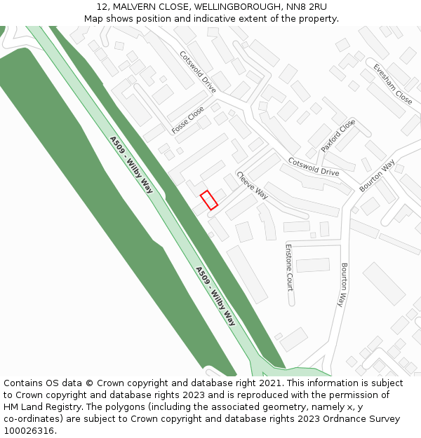 12, MALVERN CLOSE, WELLINGBOROUGH, NN8 2RU: Location map and indicative extent of plot