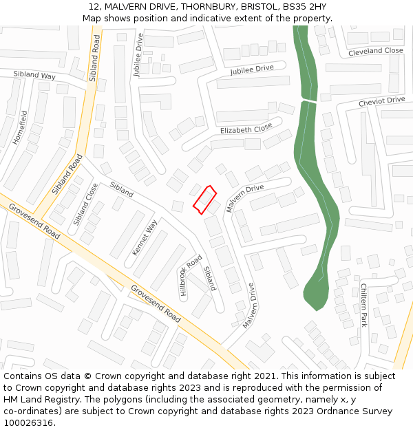 12, MALVERN DRIVE, THORNBURY, BRISTOL, BS35 2HY: Location map and indicative extent of plot