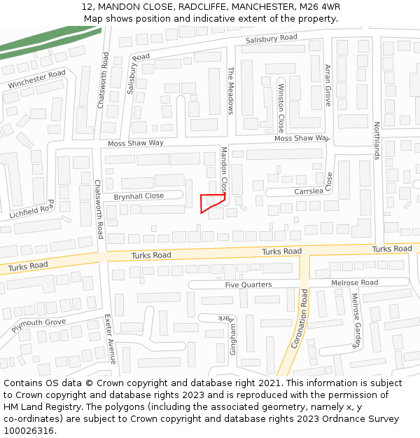 12, MANDON CLOSE, RADCLIFFE, MANCHESTER, M26 4WR: Location map and indicative extent of plot