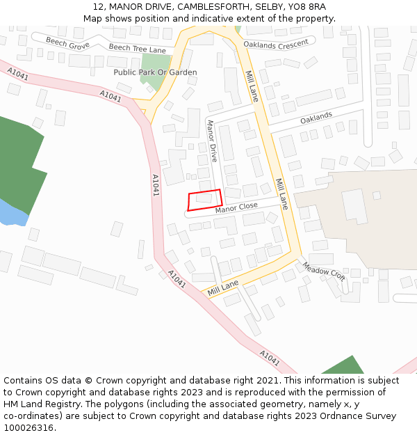 12, MANOR DRIVE, CAMBLESFORTH, SELBY, YO8 8RA: Location map and indicative extent of plot