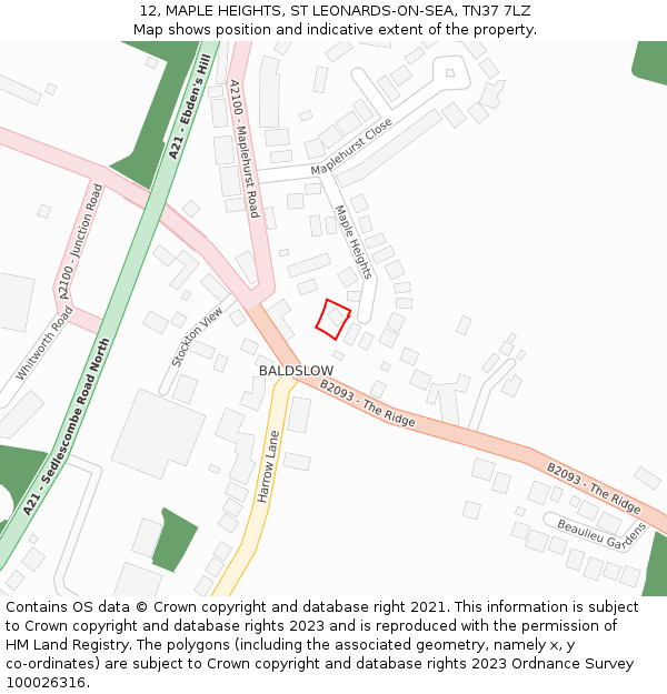 12, MAPLE HEIGHTS, ST LEONARDS-ON-SEA, TN37 7LZ: Location map and indicative extent of plot