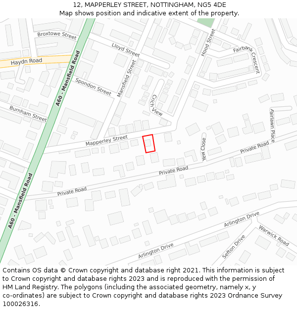 12, MAPPERLEY STREET, NOTTINGHAM, NG5 4DE: Location map and indicative extent of plot
