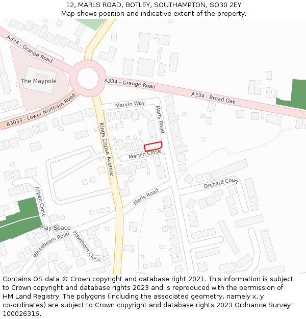 12, MARLS ROAD, BOTLEY, SOUTHAMPTON, SO30 2EY: Location map and indicative extent of plot