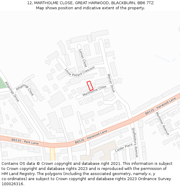 12, MARTHOLME CLOSE, GREAT HARWOOD, BLACKBURN, BB6 7TZ: Location map and indicative extent of plot