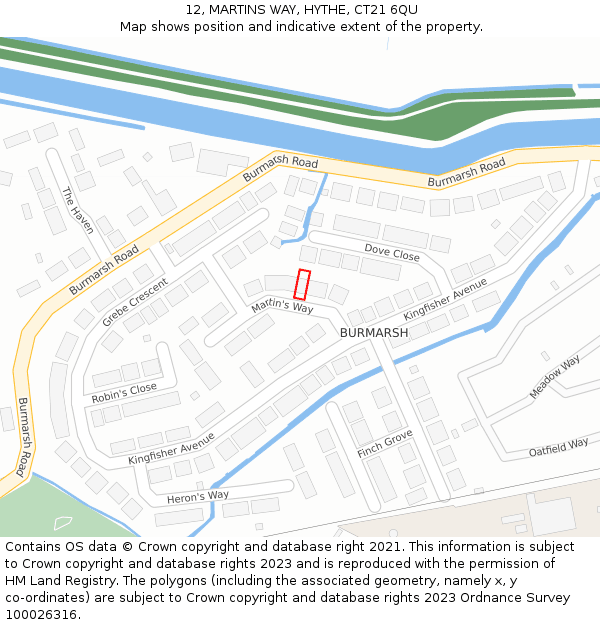 12, MARTINS WAY, HYTHE, CT21 6QU: Location map and indicative extent of plot
