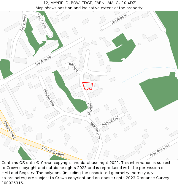 12, MAYFIELD, ROWLEDGE, FARNHAM, GU10 4DZ: Location map and indicative extent of plot