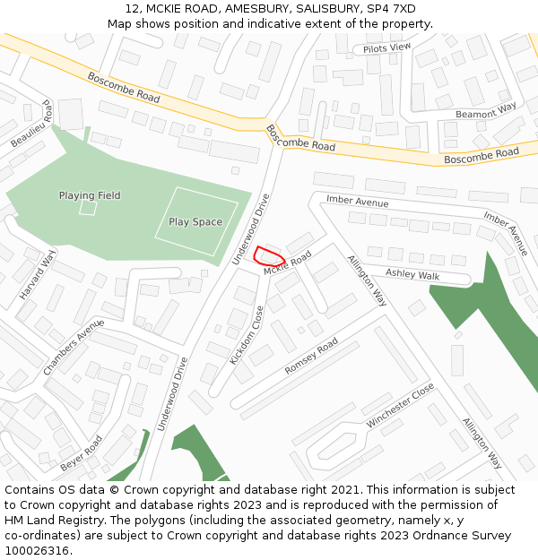 12, MCKIE ROAD, AMESBURY, SALISBURY, SP4 7XD: Location map and indicative extent of plot