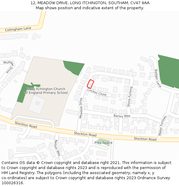 12, MEADOW DRIVE, LONG ITCHINGTON, SOUTHAM, CV47 9AA: Location map and indicative extent of plot