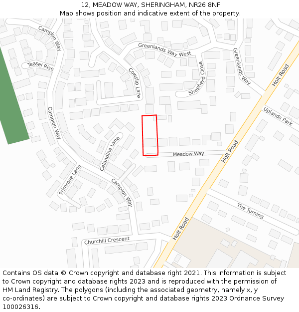12, MEADOW WAY, SHERINGHAM, NR26 8NF: Location map and indicative extent of plot