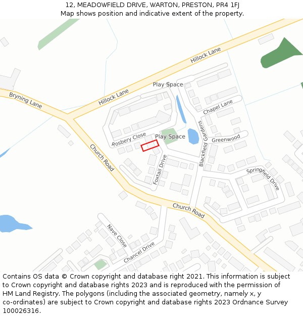 12, MEADOWFIELD DRIVE, WARTON, PRESTON, PR4 1FJ: Location map and indicative extent of plot