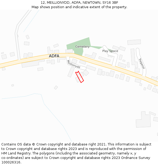 12, MEILLIONYDD, ADFA, NEWTOWN, SY16 3BF: Location map and indicative extent of plot