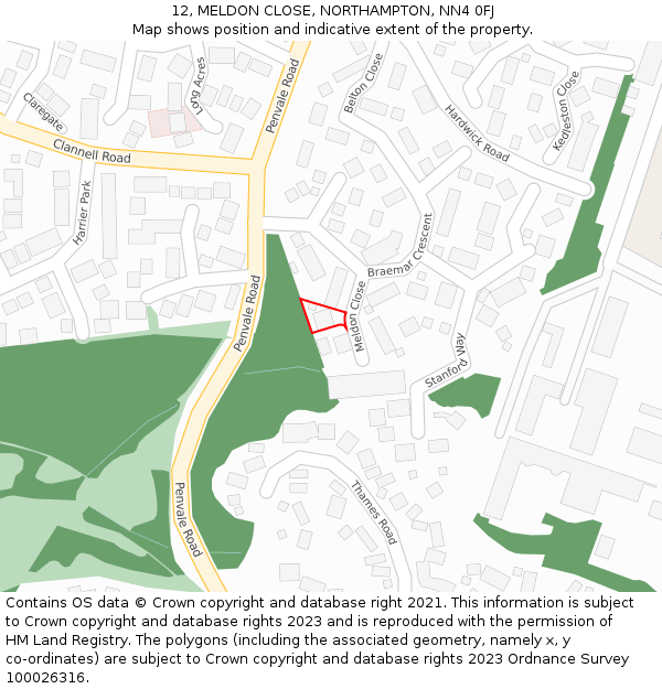 12, MELDON CLOSE, NORTHAMPTON, NN4 0FJ: Location map and indicative extent of plot