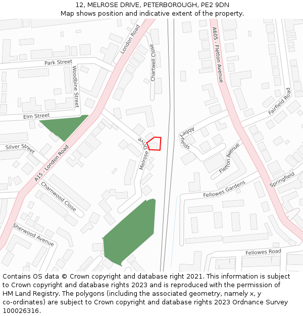 12, MELROSE DRIVE, PETERBOROUGH, PE2 9DN: Location map and indicative extent of plot