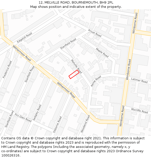 12, MELVILLE ROAD, BOURNEMOUTH, BH9 2PL: Location map and indicative extent of plot