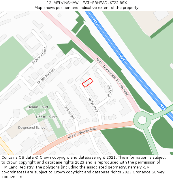 12, MELVINSHAW, LEATHERHEAD, KT22 8SX: Location map and indicative extent of plot