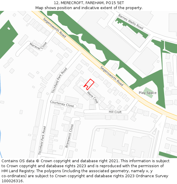12, MERECROFT, FAREHAM, PO15 5ET: Location map and indicative extent of plot