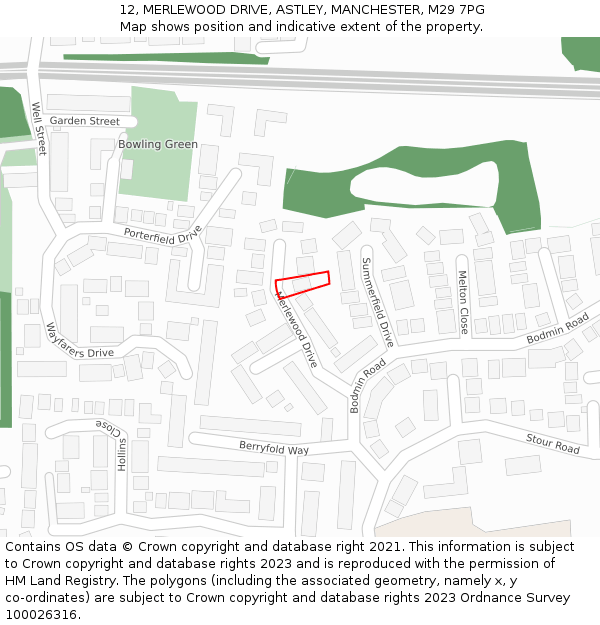 12, MERLEWOOD DRIVE, ASTLEY, MANCHESTER, M29 7PG: Location map and indicative extent of plot