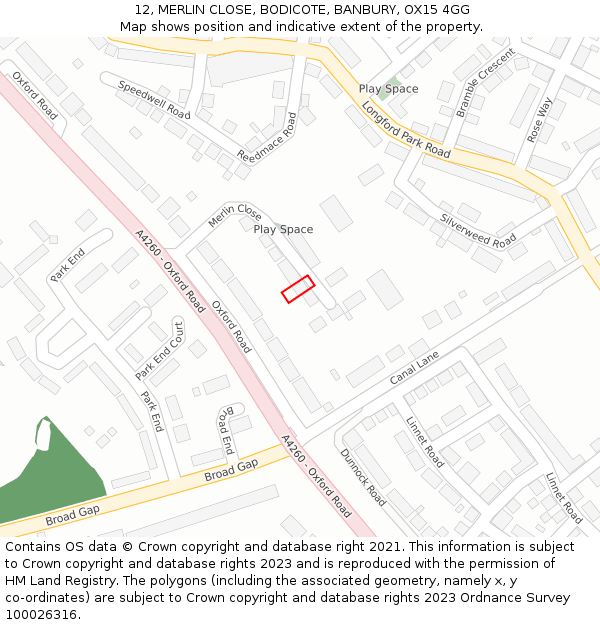 12, MERLIN CLOSE, BODICOTE, BANBURY, OX15 4GG: Location map and indicative extent of plot