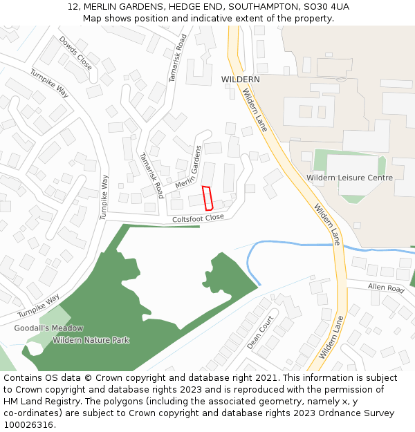 12, MERLIN GARDENS, HEDGE END, SOUTHAMPTON, SO30 4UA: Location map and indicative extent of plot
