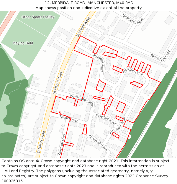 12, MERRIDALE ROAD, MANCHESTER, M40 0AD: Location map and indicative extent of plot