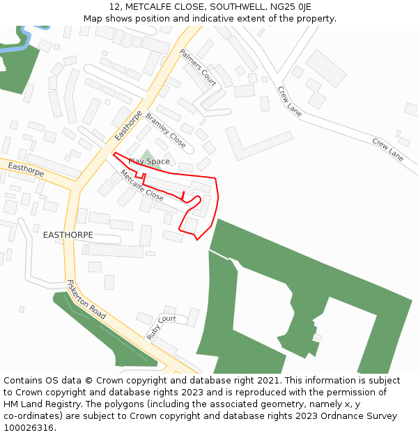 12, METCALFE CLOSE, SOUTHWELL, NG25 0JE: Location map and indicative extent of plot