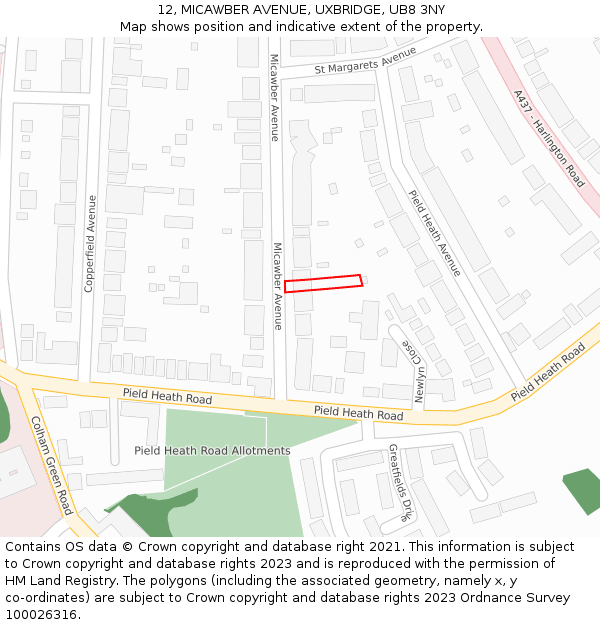 12, MICAWBER AVENUE, UXBRIDGE, UB8 3NY: Location map and indicative extent of plot