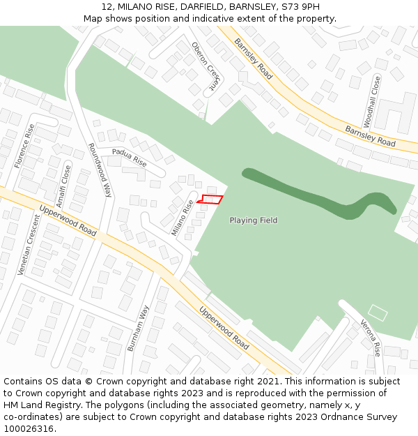 12, MILANO RISE, DARFIELD, BARNSLEY, S73 9PH: Location map and indicative extent of plot