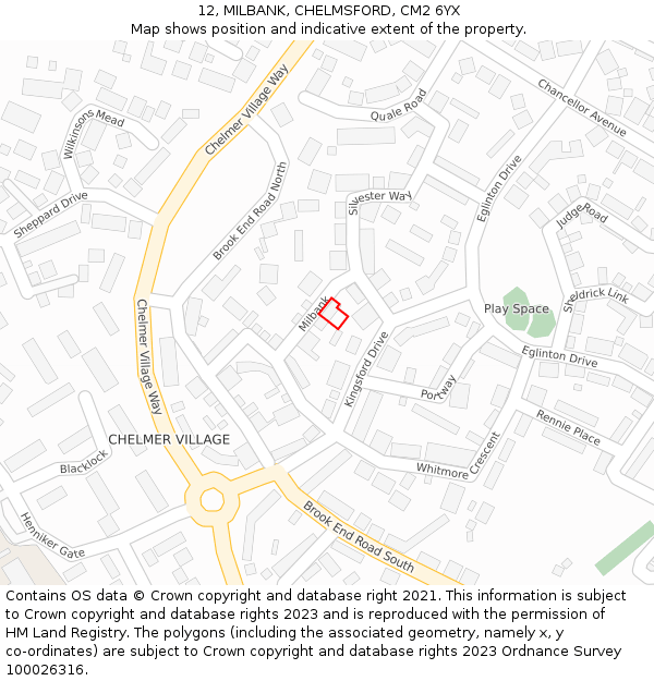 12, MILBANK, CHELMSFORD, CM2 6YX: Location map and indicative extent of plot