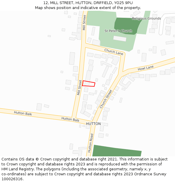 12, MILL STREET, HUTTON, DRIFFIELD, YO25 9PU: Location map and indicative extent of plot