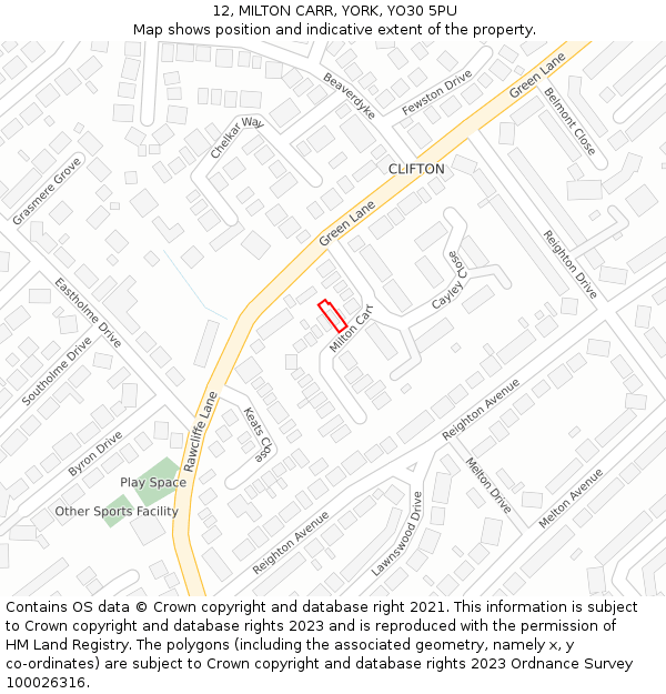 12, MILTON CARR, YORK, YO30 5PU: Location map and indicative extent of plot