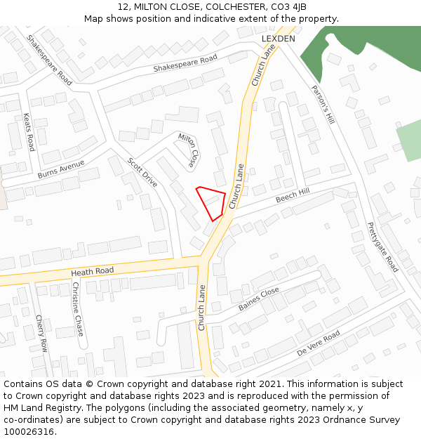 12, MILTON CLOSE, COLCHESTER, CO3 4JB: Location map and indicative extent of plot