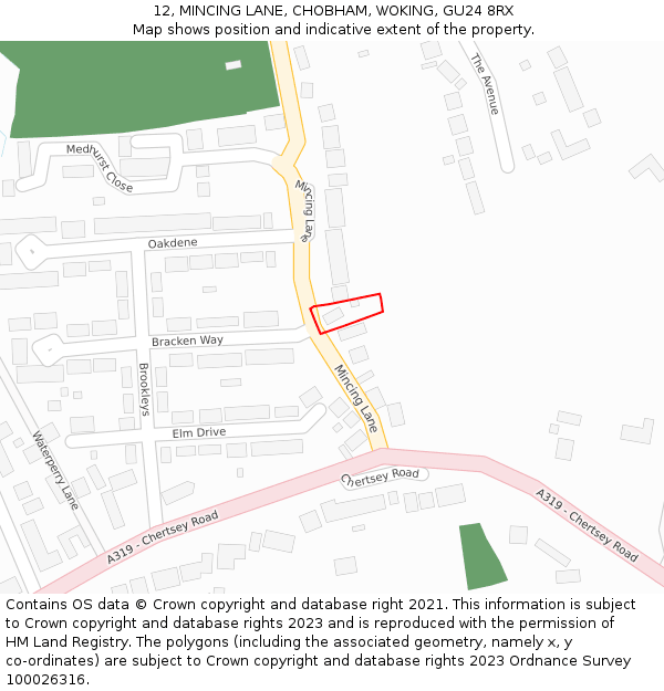 12, MINCING LANE, CHOBHAM, WOKING, GU24 8RX: Location map and indicative extent of plot
