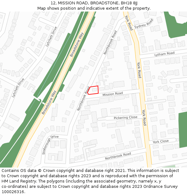 12, MISSION ROAD, BROADSTONE, BH18 8JJ: Location map and indicative extent of plot