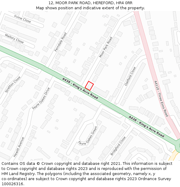 12, MOOR PARK ROAD, HEREFORD, HR4 0RR: Location map and indicative extent of plot