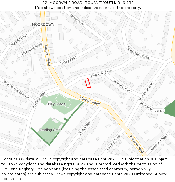 12, MOORVALE ROAD, BOURNEMOUTH, BH9 3BE: Location map and indicative extent of plot