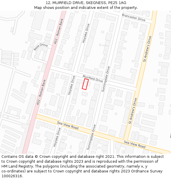 12, MUIRFIELD DRIVE, SKEGNESS, PE25 1AG: Location map and indicative extent of plot