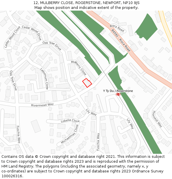 12, MULBERRY CLOSE, ROGERSTONE, NEWPORT, NP10 9JS: Location map and indicative extent of plot