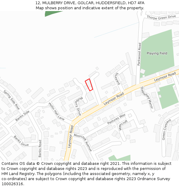 12, MULBERRY DRIVE, GOLCAR, HUDDERSFIELD, HD7 4FA: Location map and indicative extent of plot