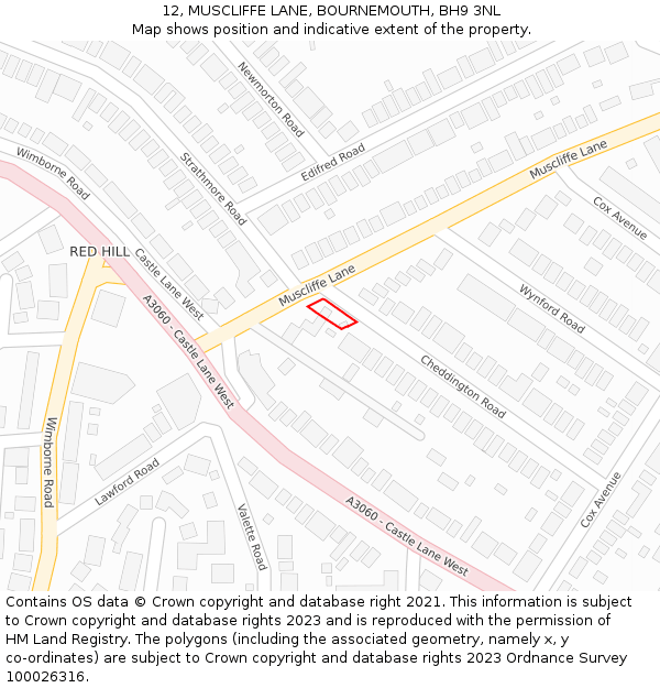 12, MUSCLIFFE LANE, BOURNEMOUTH, BH9 3NL: Location map and indicative extent of plot