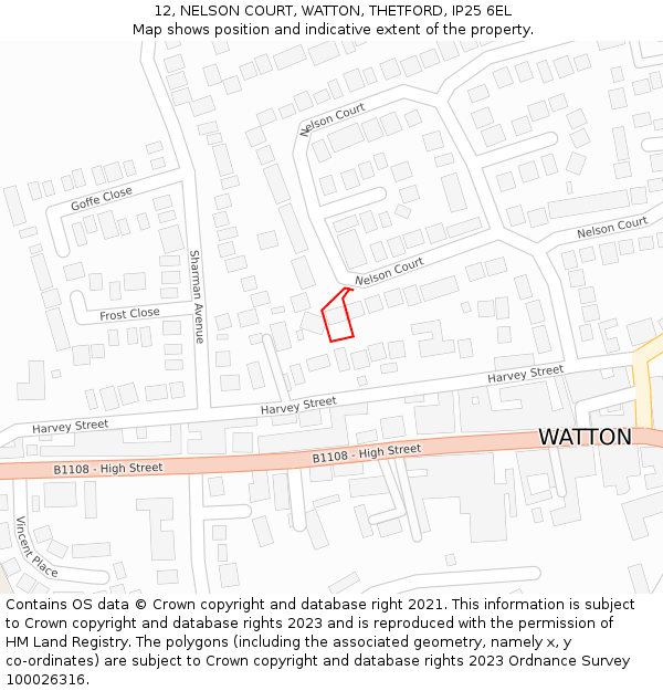 12, NELSON COURT, WATTON, THETFORD, IP25 6EL: Location map and indicative extent of plot