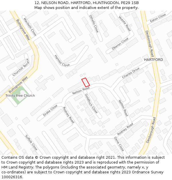 12, NELSON ROAD, HARTFORD, HUNTINGDON, PE29 1SB: Location map and indicative extent of plot