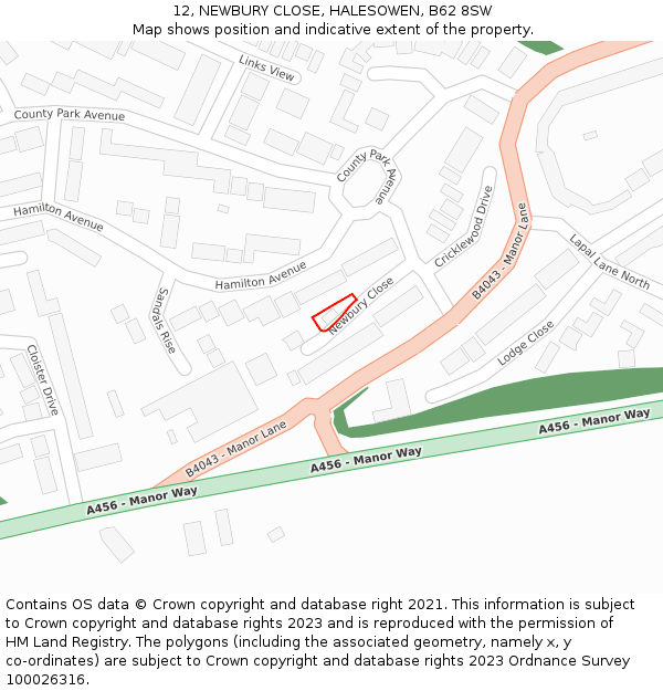 12, NEWBURY CLOSE, HALESOWEN, B62 8SW: Location map and indicative extent of plot
