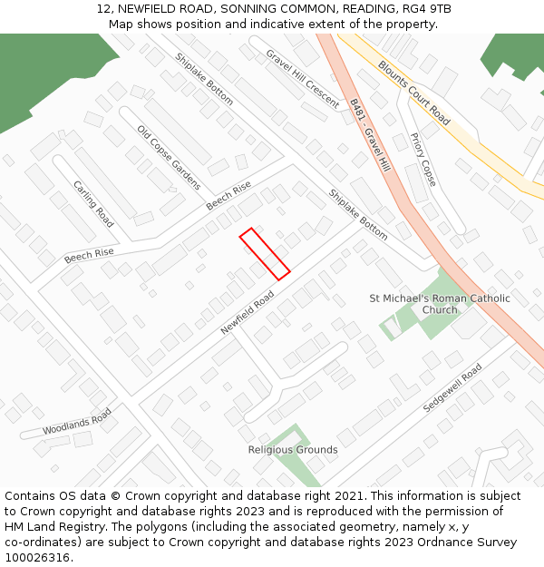 12, NEWFIELD ROAD, SONNING COMMON, READING, RG4 9TB: Location map and indicative extent of plot