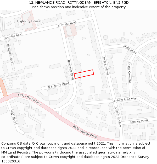 12, NEWLANDS ROAD, ROTTINGDEAN, BRIGHTON, BN2 7GD: Location map and indicative extent of plot