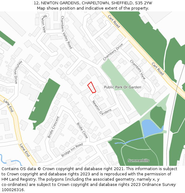 12, NEWTON GARDENS, CHAPELTOWN, SHEFFIELD, S35 2YW: Location map and indicative extent of plot